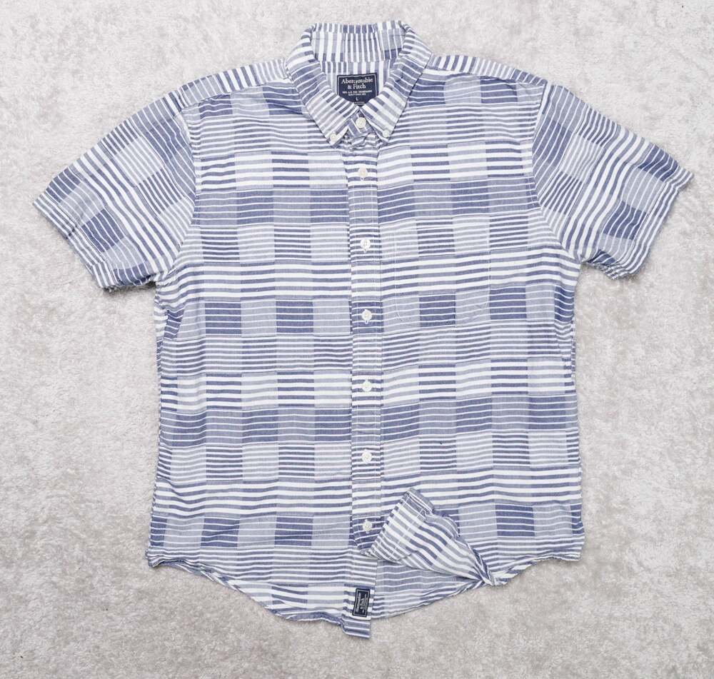 Abercrombie & Fitch Blue White Cotton Short Sleeve Button Down Shirt Mens L